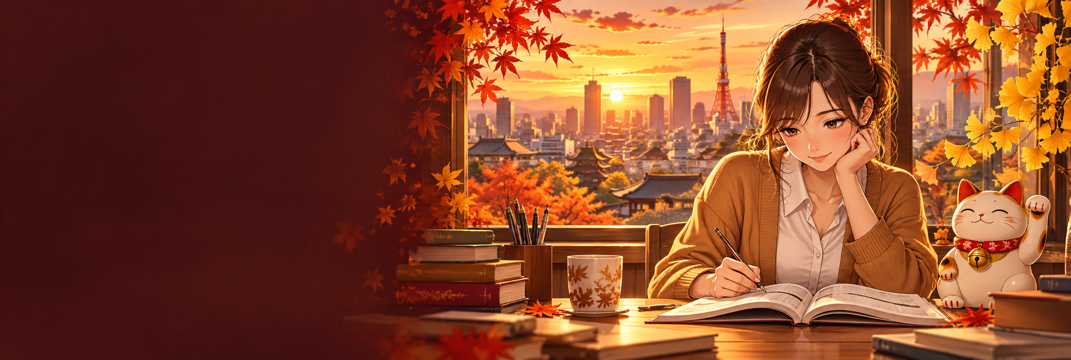 Minh họa anime mùa thu: học tiếng Nhật bên cửa sổ Tokyo, lá phong đỏ và mèo maneki-neko